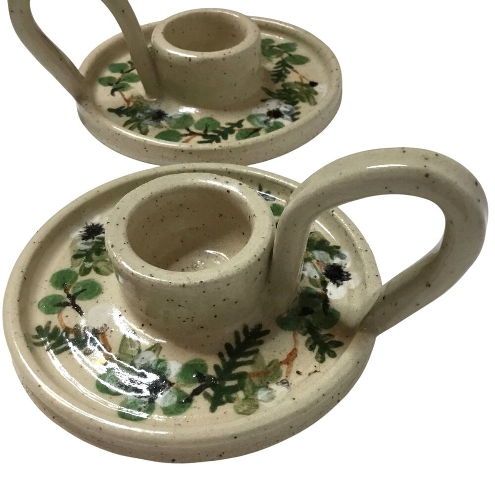 Signed Floral Ceramic Candlestick Holders Pair Cottagecore Vintage Farmhouse